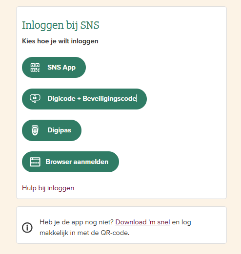 Mijn SNS inlogscherm